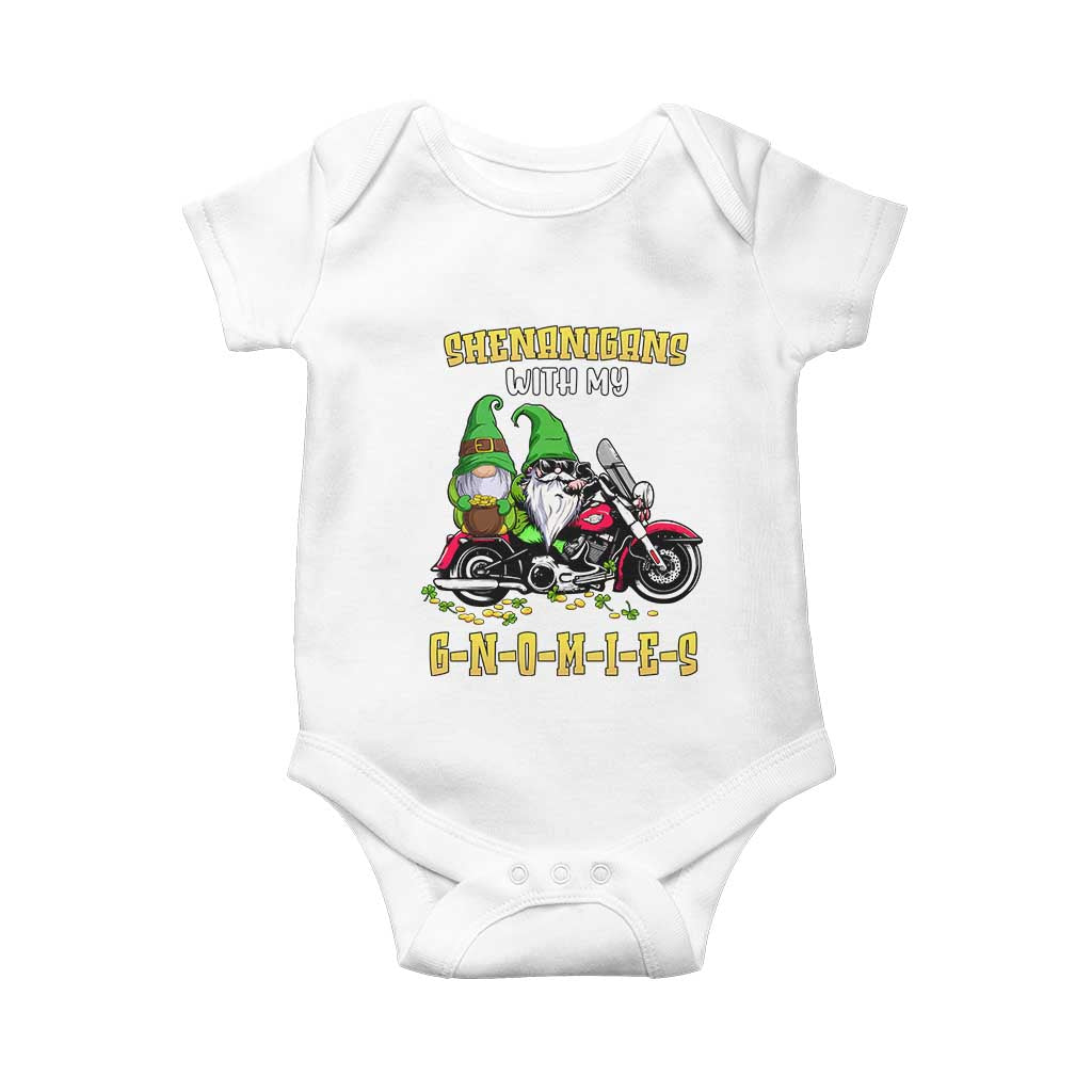 Funny St Patricks Day Gnome Baby Onesie Shenanigans With My Gnomies Motorbike Rider TS02 White Print Your Wear
