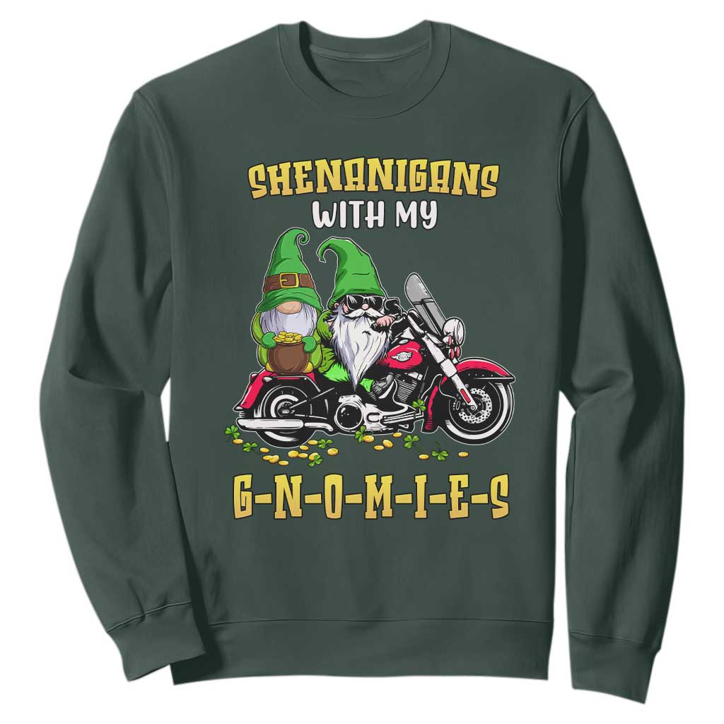 Funny St. Patricks Day Gnome Sweatshirt Shenanigans With My Gnomies Motorbike Rider TS02 Dark Forest Green Printyourwear