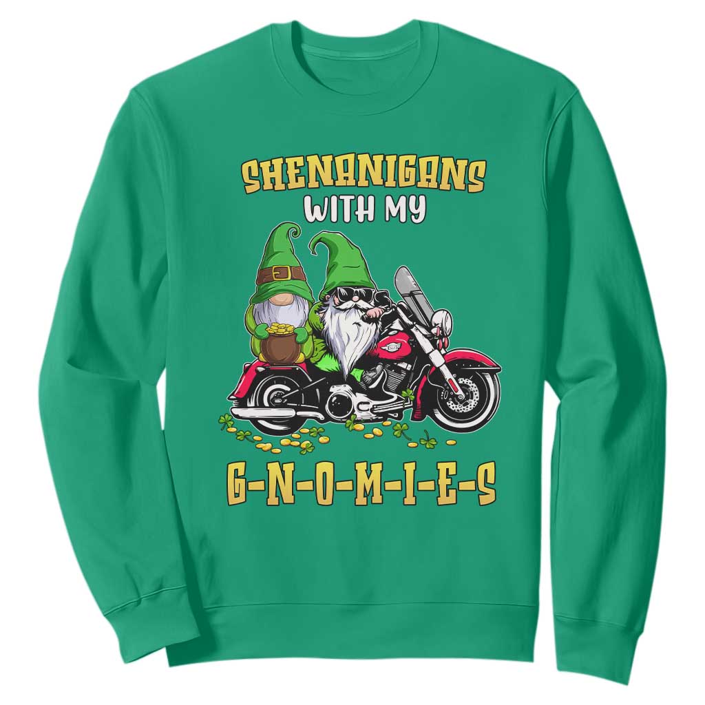 Funny St. Patricks Day Gnome Sweatshirt Shenanigans With My Gnomies Motorbike Rider TS02 Irish Green Printyourwear