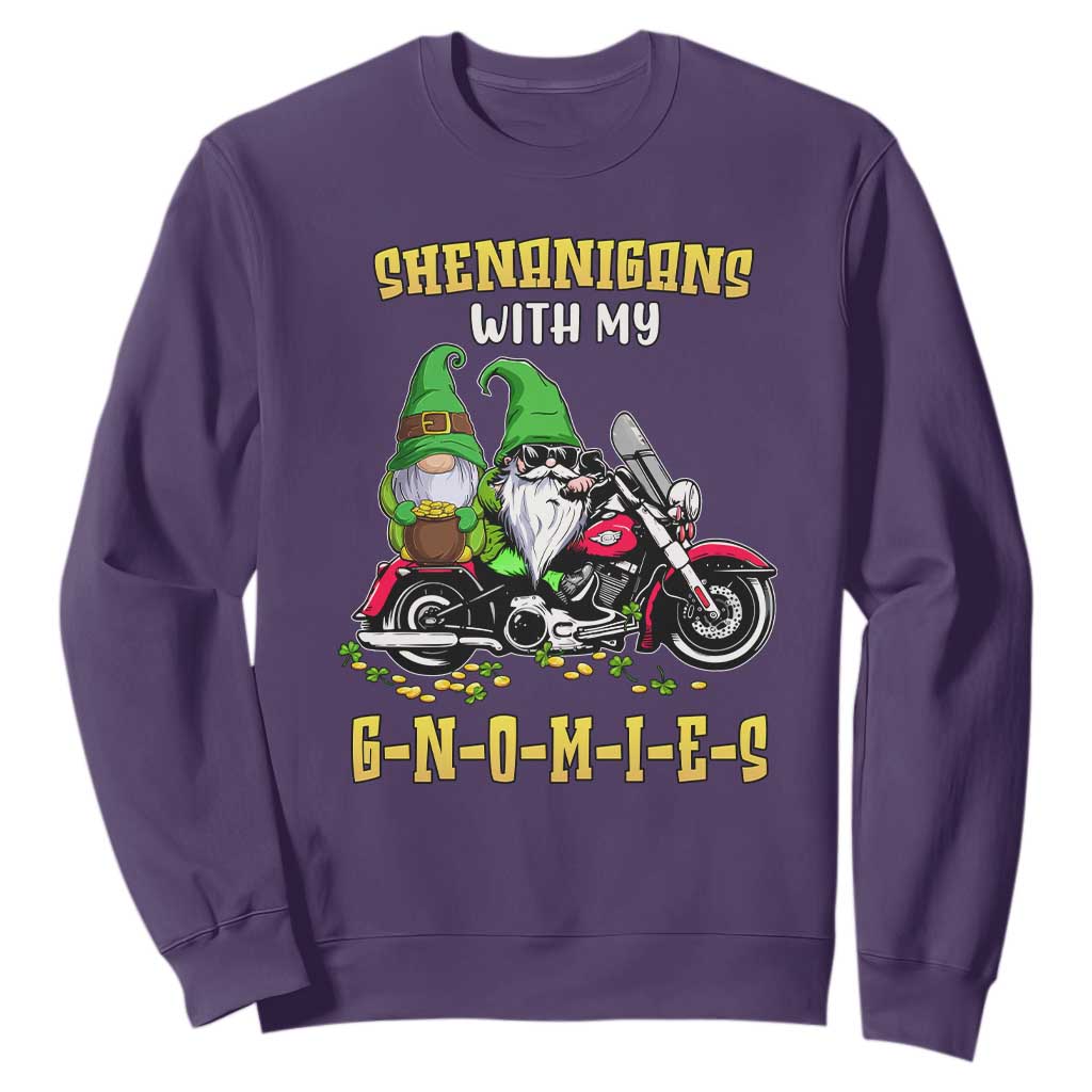 Funny St. Patricks Day Gnome Sweatshirt Shenanigans With My Gnomies Motorbike Rider TS02 Purple Printyourwear