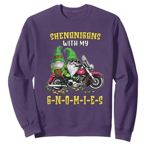 Funny St. Patricks Day Gnome Sweatshirt Shenanigans With My Gnomies Motorbike Rider TS02 Purple Printyourwear
