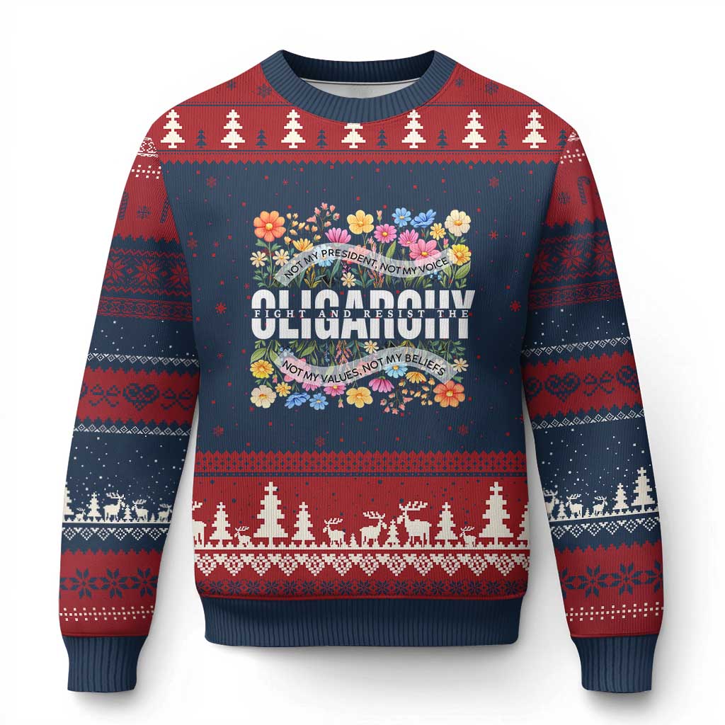 Not My President Subtle Floral Ugly Christmas Sweater Not My Voice Values Beliefs TS02 Navy Red Print Your Wear