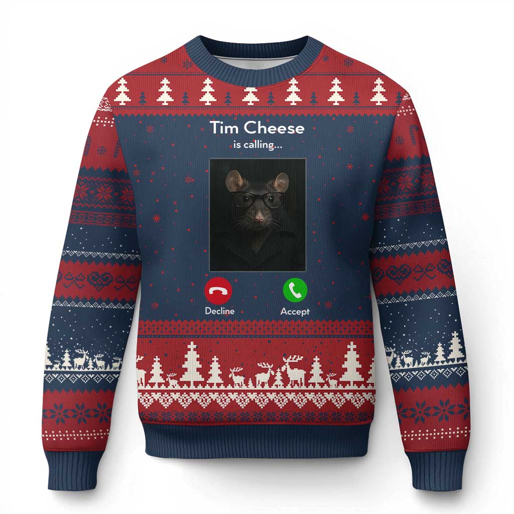 Tim Cheese Is Calling Ugly Christmas Sweater Funny Decline Or Accept Meme TS02 Navy Red Print Your Wear