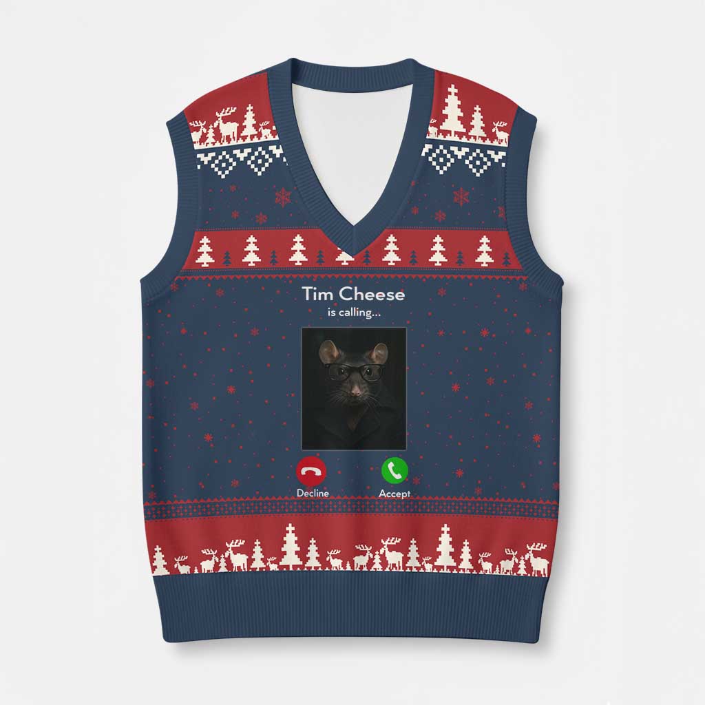 Tim Cheese Is Calling V-Neck Knit Sweater Vest Funny Decline Or Accept Meme TS02 Navy Red Print Your Wear