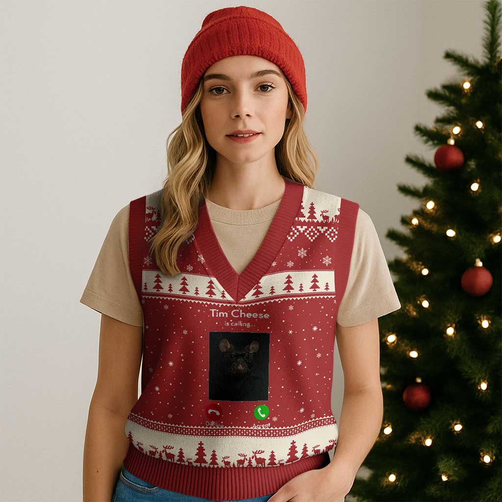 Tim Cheese Is Calling V-Neck Knit Sweater Vest Funny Decline Or Accept Meme TS02 Red Beige Print Your Wear