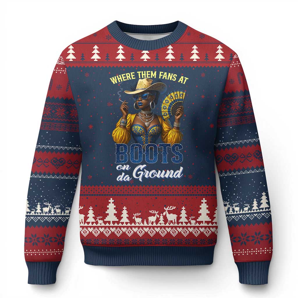 Melanin Cowgirls Linedance Ugly Christmas Sweater Where Them Fans At Boots On Da Ground TS02 Navy Red Print Your Wear