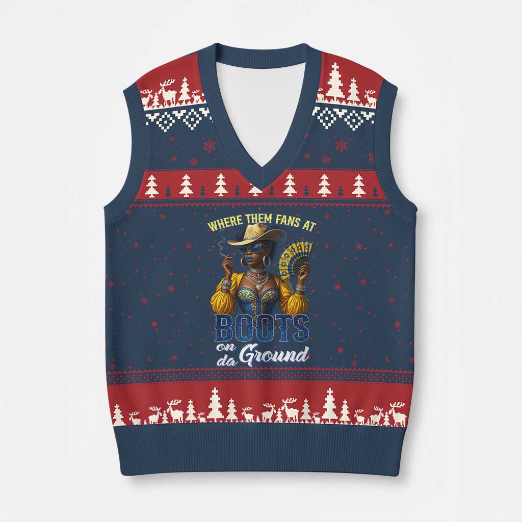 Melanin Cowgirls Linedance V-Neck Knit Sweater Vest Where Them Fans At Boots On Da Ground TS02 Navy Red Print Your Wear