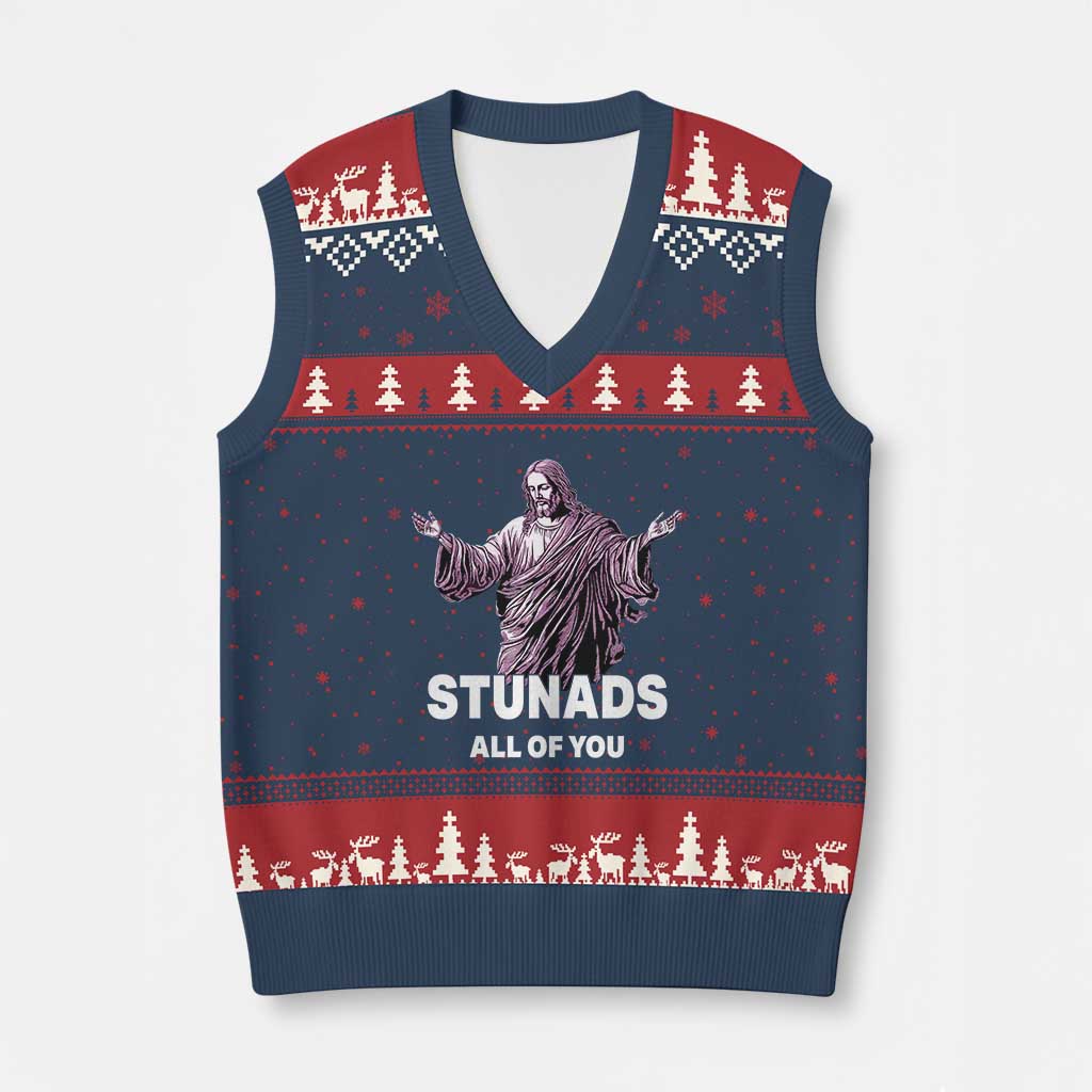 Funny Jesus V-Neck Knit Sweater Vest Stunads All Of You TS02 Navy Red Print Your Wear