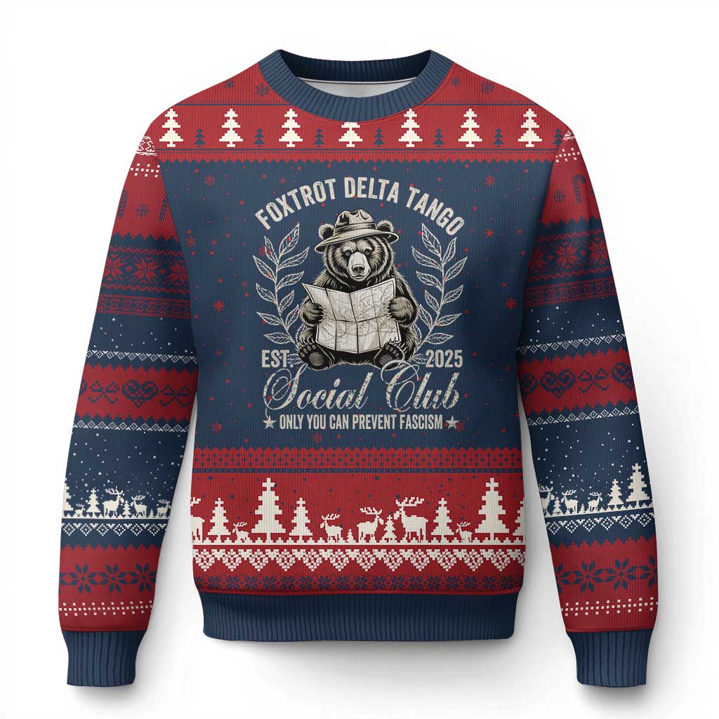 Foxtrot Delta Tango FDT Social Club Ugly Christmas Sweater Only You Can Prevent Fascism Retro Bear TS02 Navy Red Print Your Wear