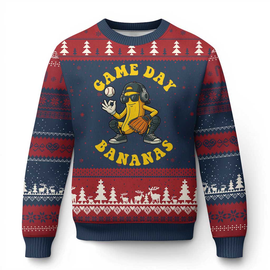 Cute Bananas Graphic Ugly Christmas Sweater Game Day Cool Catcher Baseball Lover TS02 Navy Red Print Your Wear