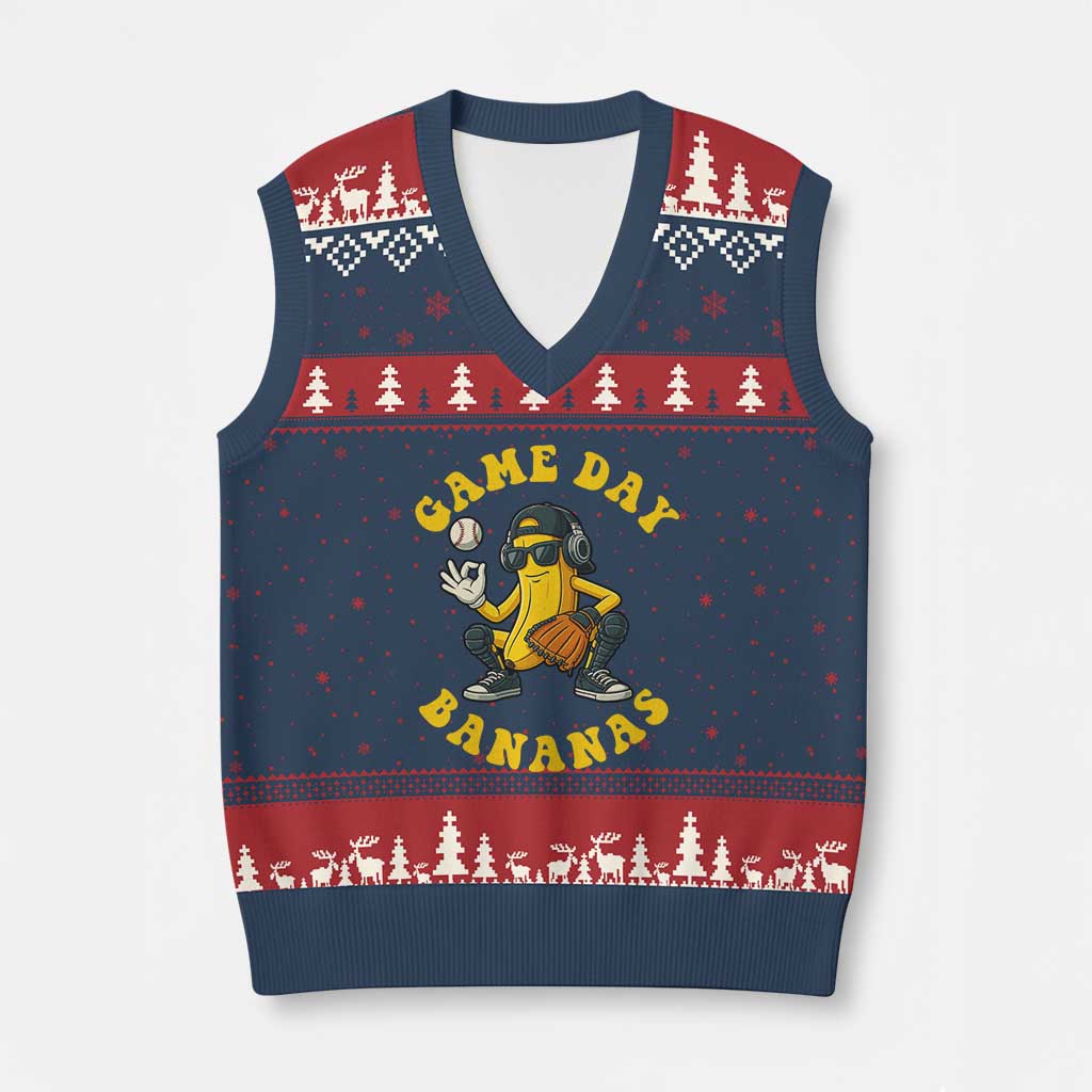 Cute Bananas Graphic V-Neck Knit Sweater Vest Game Day Cool Catcher Baseball Lover TS02 Navy Red Print Your Wear
