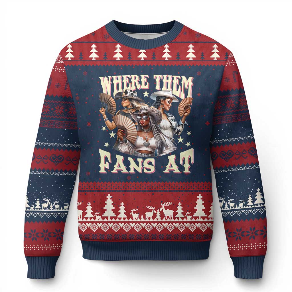 Melanin Cowgirls Ugly Christmas Sweater Where Them Fans At Country Life Women Girls TS02 Navy Red Print Your Wear