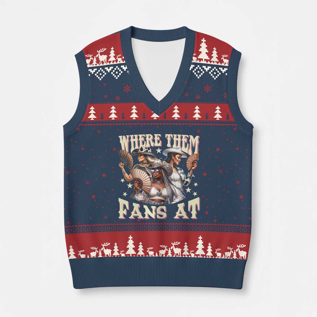 Melanin Cowgirls V-Neck Knit Sweater Vest Where Them Fans At Country Life Women Girls TS02 Navy Red Print Your Wear