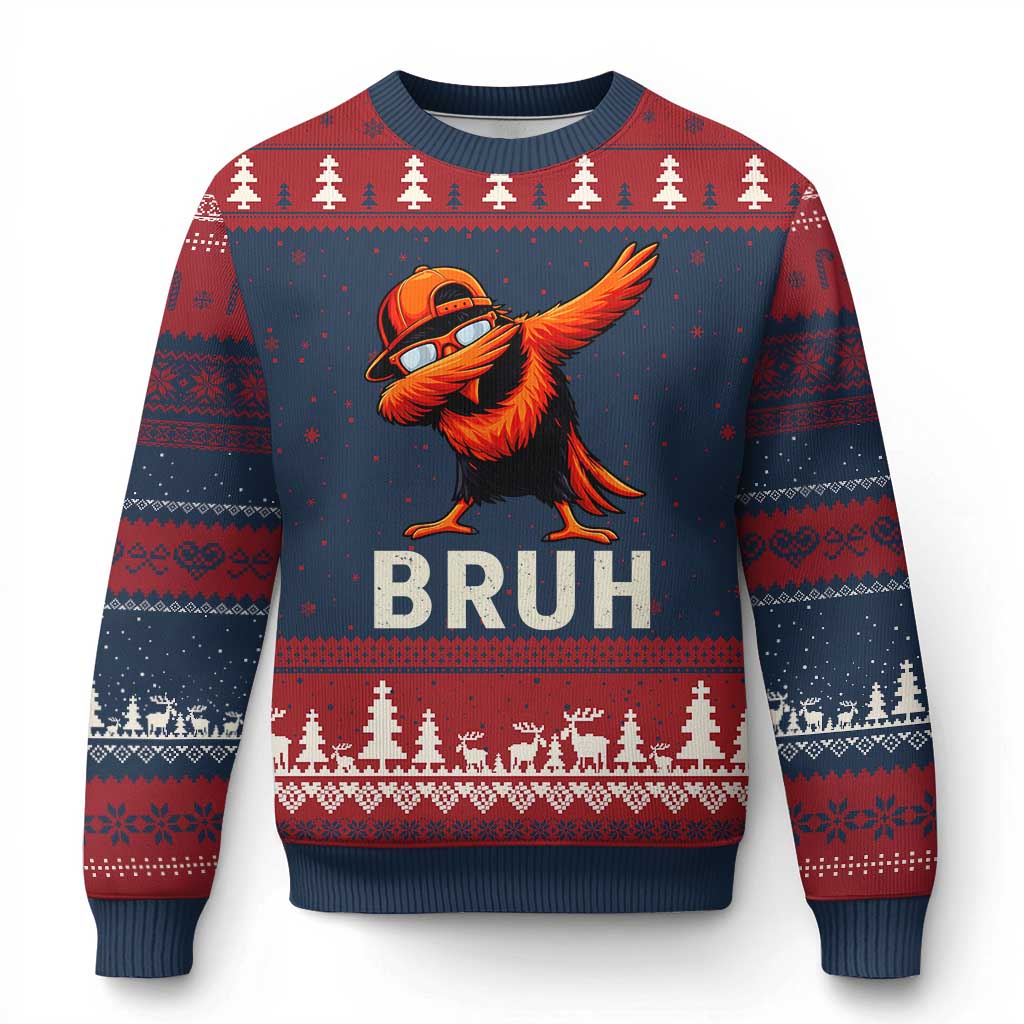 Funny Dabbing Oriole Bird Bruh Ugly Christmas Sweater Cool Game Day Sports Fan TS02 Navy Red Print Your Wear
