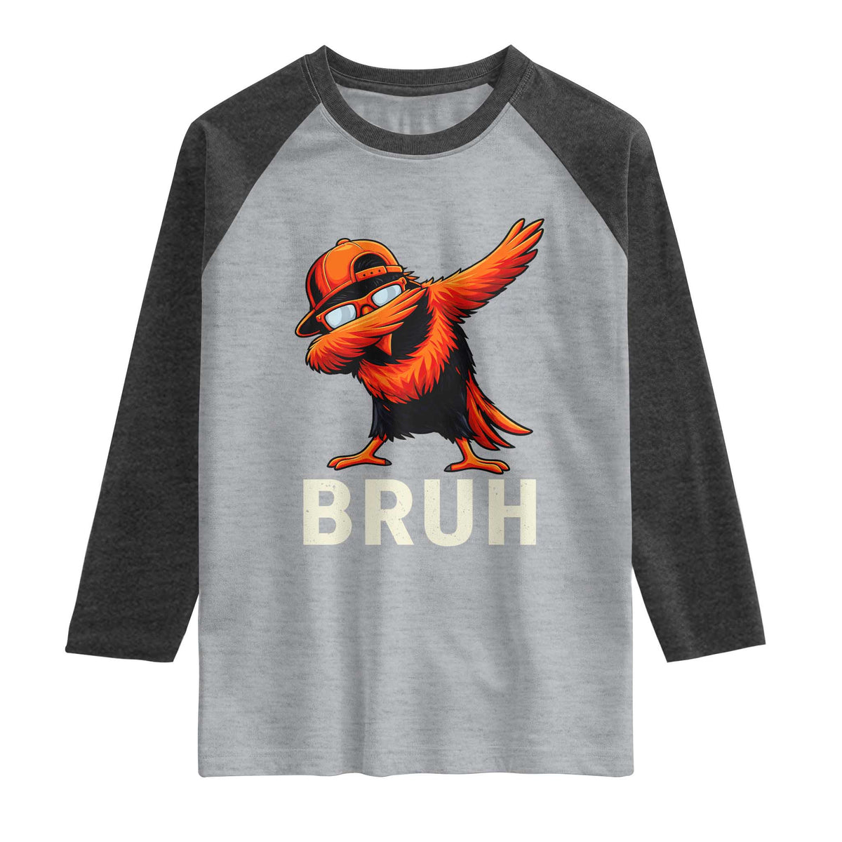 Funny Dabbing Oriole Bird Bruh Raglan Shirt Cool Game Day Sports Fan TS02 Heather Gray Heather Charcoal Print Your Wear
