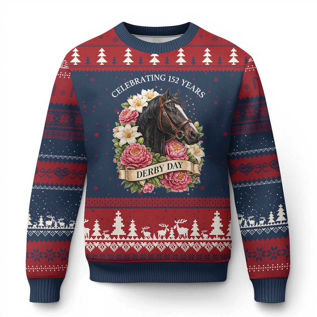 Celebrating 152 Years Derby Day Floral Ugly Christmas Sweater Horse Racing Pink Peony White Lily Equestrian 152nd Anniversary TS02 Navy Red Print Your Wear