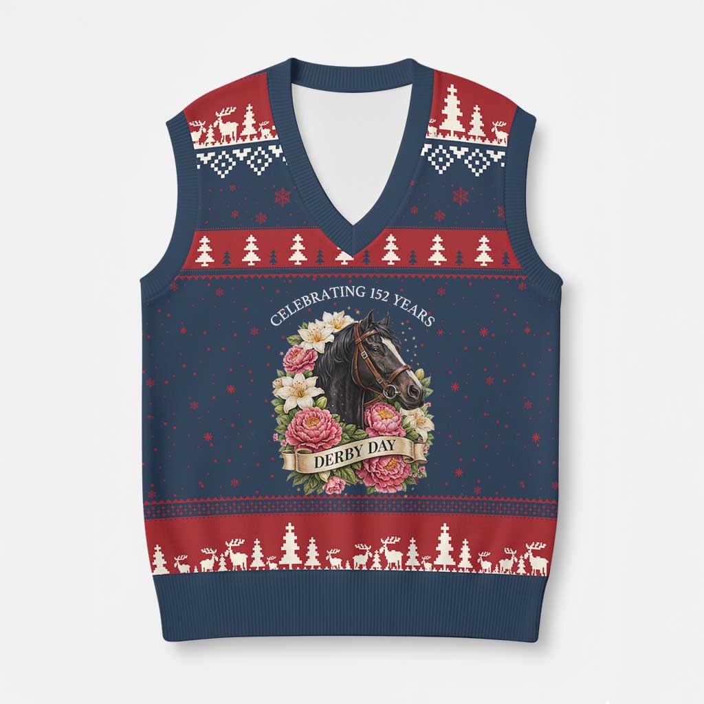 Celebrating 152 Years Derby Day Floral V-Neck Knit Sweater Vest Horse Racing Pink Peony White Lily Equestrian 152nd Anniversary TS02 Navy Red Print Your Wear