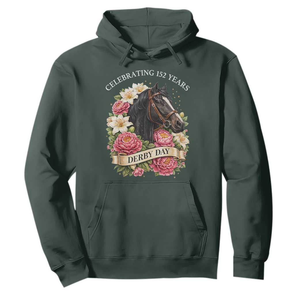 Celebrating 152 Years Derby Day Floral Hoodie Horse Racing Pink Peony White Lily Equestrian 152nd Anniversary TS02 Dark Forest Green Print Your Wear