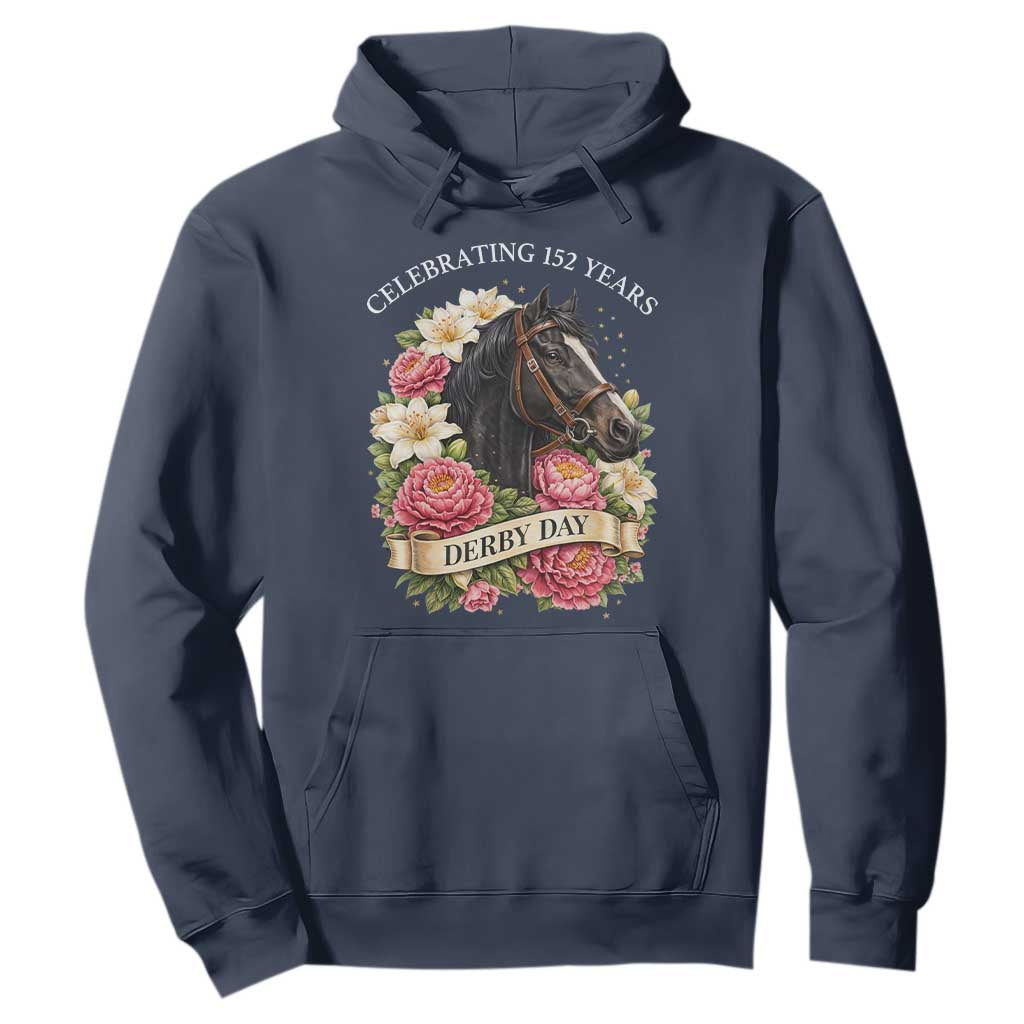 Celebrating 152 Years Derby Day Floral Hoodie Horse Racing Pink Peony White Lily Equestrian 152nd Anniversary TS02 Navy Print Your Wear