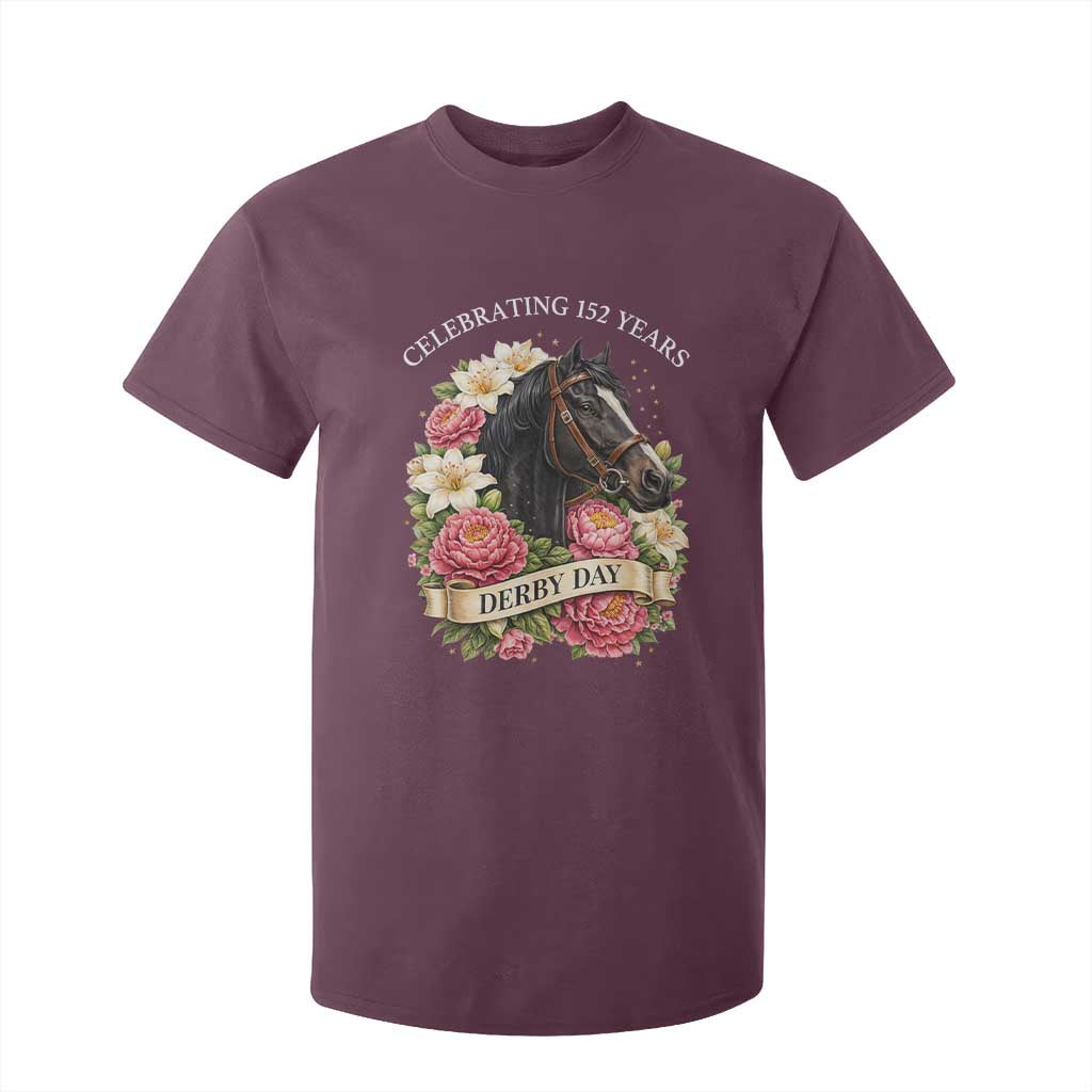 Celebrating 152 Years Derby Day Floral T Shirt For Kid Horse Racing Pink Peony White Lily Equestrian 152nd Anniversary TS02 Maroon Print Your Wear