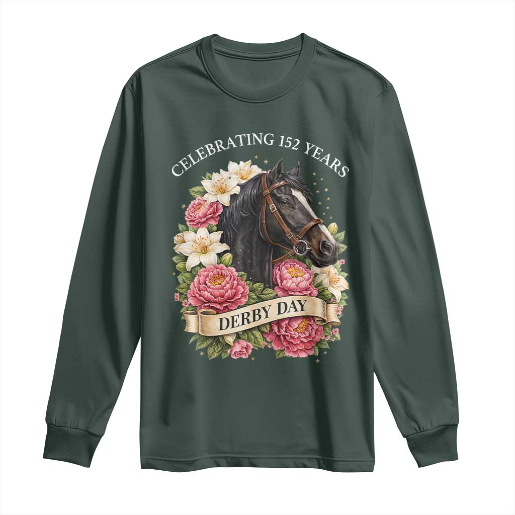 Celebrating 152 Years Derby Day Floral Long Sleeve Shirt Horse Racing Pink Peony White Lily Equestrian 152nd Anniversary TS02 Dark Forest Green Print Your Wear