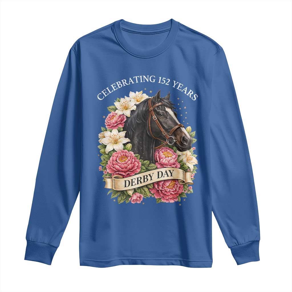 Celebrating 152 Years Derby Day Floral Long Sleeve Shirt Horse Racing Pink Peony White Lily Equestrian 152nd Anniversary TS02 Royal Blue Print Your Wear