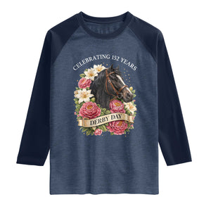 Celebrating 152 Years Derby Day Floral Raglan Shirt Horse Racing Pink Peony White Lily Equestrian 152nd Anniversary TS02 Heather Denim Navy Print Your Wear