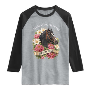 Celebrating 152 Years Derby Day Floral Raglan Shirt Horse Racing Pink Peony White Lily Equestrian 152nd Anniversary TS02 Heather Gray Black Print Your Wear