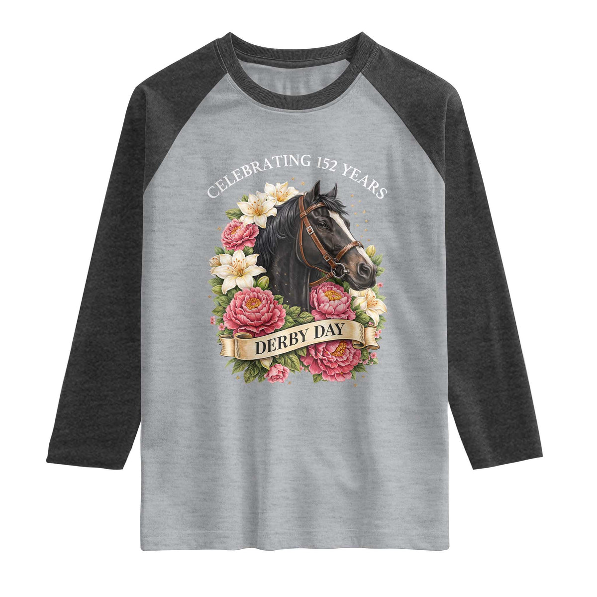 Celebrating 152 Years Derby Day Floral Raglan Shirt Horse Racing Pink Peony White Lily Equestrian 152nd Anniversary TS02 Heather Gray Heather Charcoal Print Your Wear