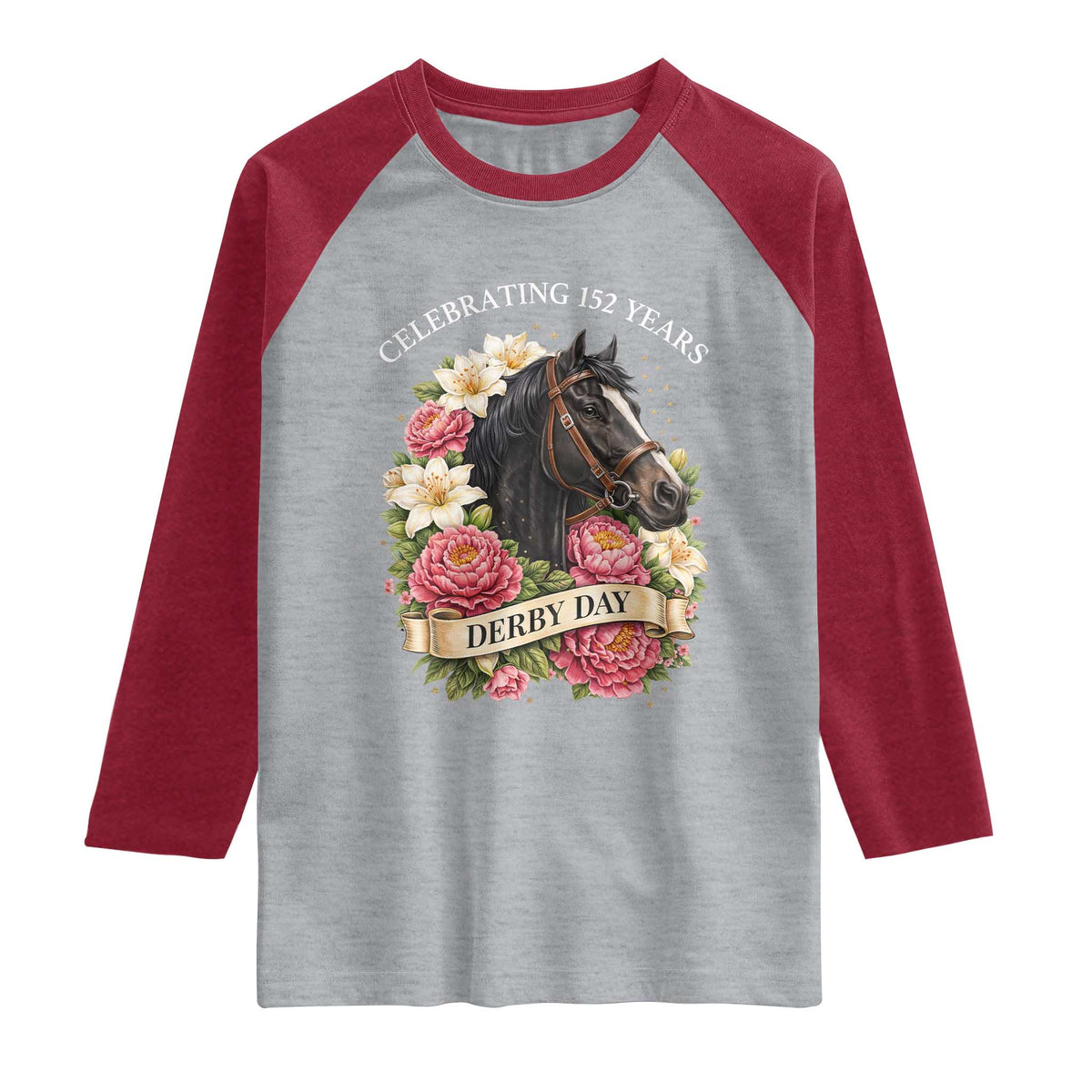 Celebrating 152 Years Derby Day Floral Raglan Shirt Horse Racing Pink Peony White Lily Equestrian 152nd Anniversary TS02 Heather Gray Heather Red Print Your Wear