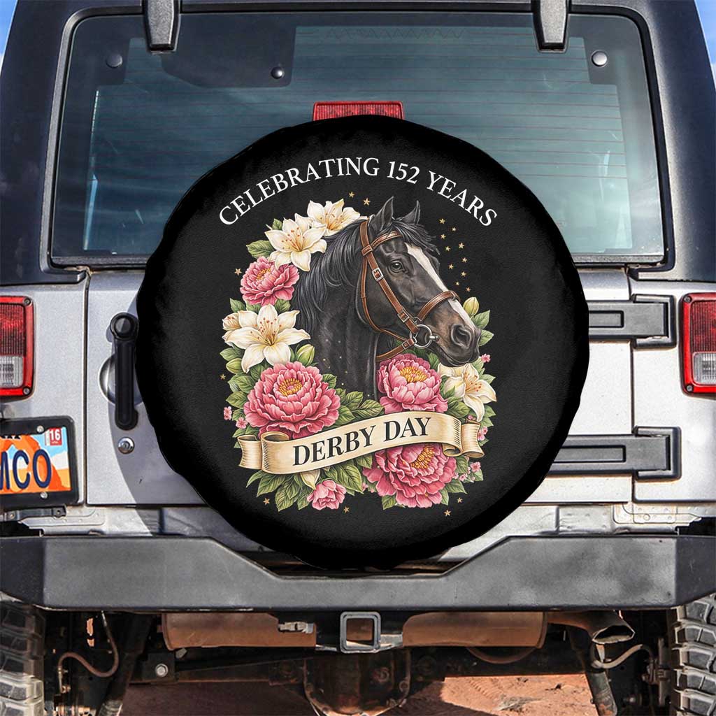 Celebrating 152 Years Derby Day Floral Spare Tire Cover Horse Racing Pink Peony White Lily Equestrian 152nd Anniversary TS02 No hole Black Print Your Wear