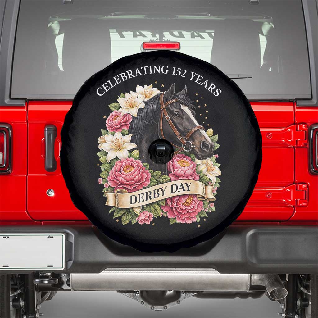 Celebrating 152 Years Derby Day Floral Spare Tire Cover Horse Racing Pink Peony White Lily Equestrian 152nd Anniversary TS02 Black Print Your Wear