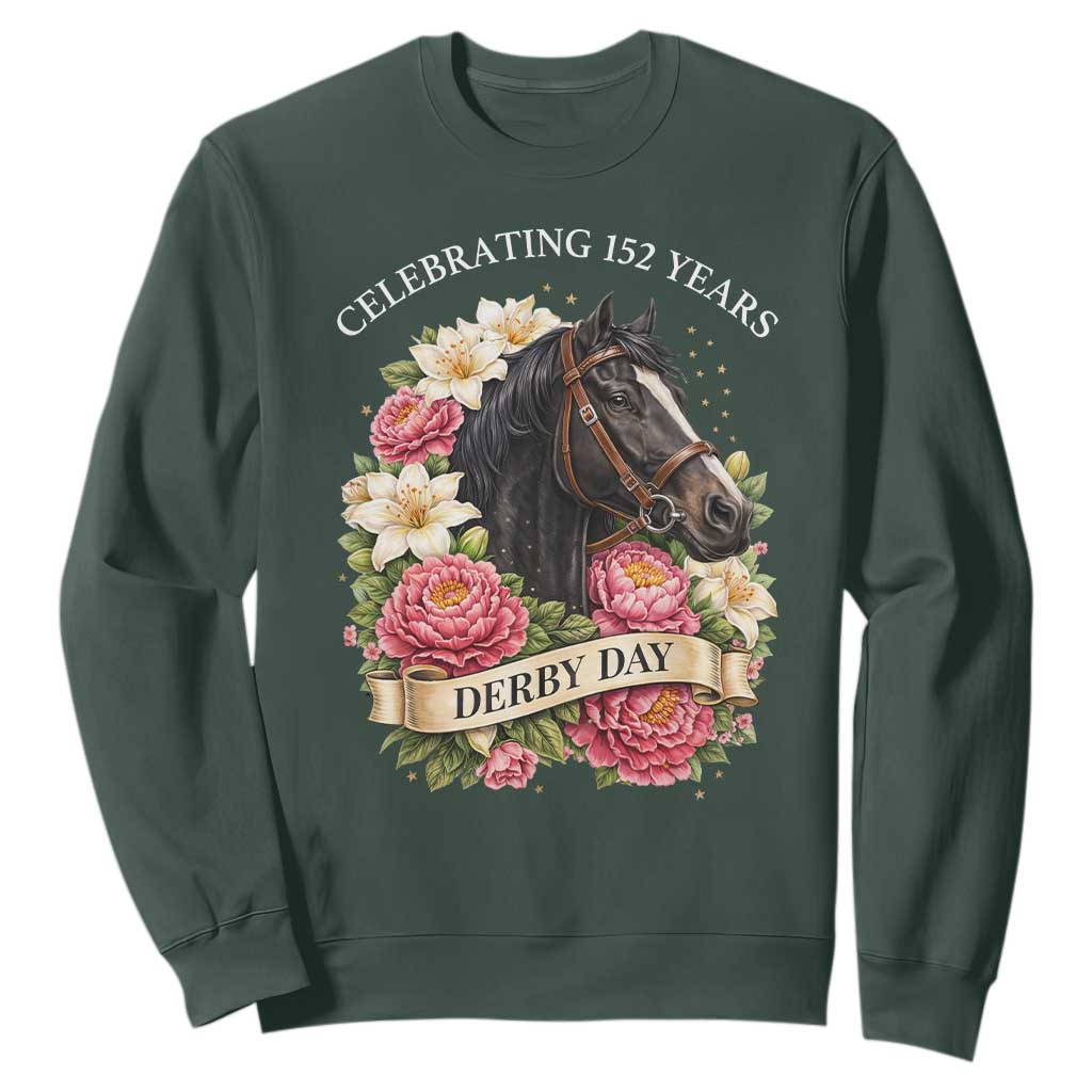 Celebrating 152 Years Derby Day Floral Sweatshirt Horse Racing Pink Peony White Lily Equestrian 152nd Anniversary TS02 Dark Forest Green Print Your Wear