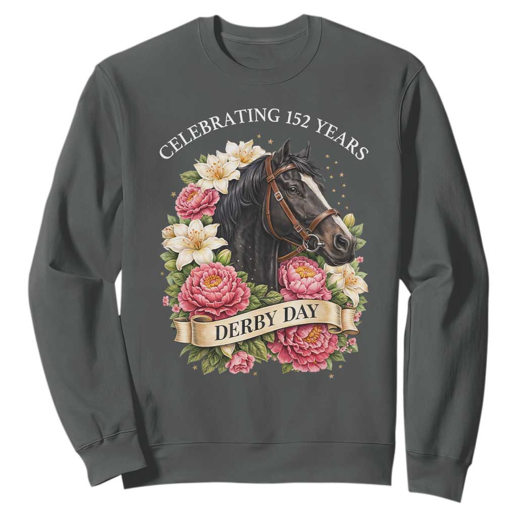 Celebrating 152 Years Derby Day Floral Sweatshirt Horse Racing Pink Peony White Lily Equestrian 152nd Anniversary TS02 Dark Heather Print Your Wear