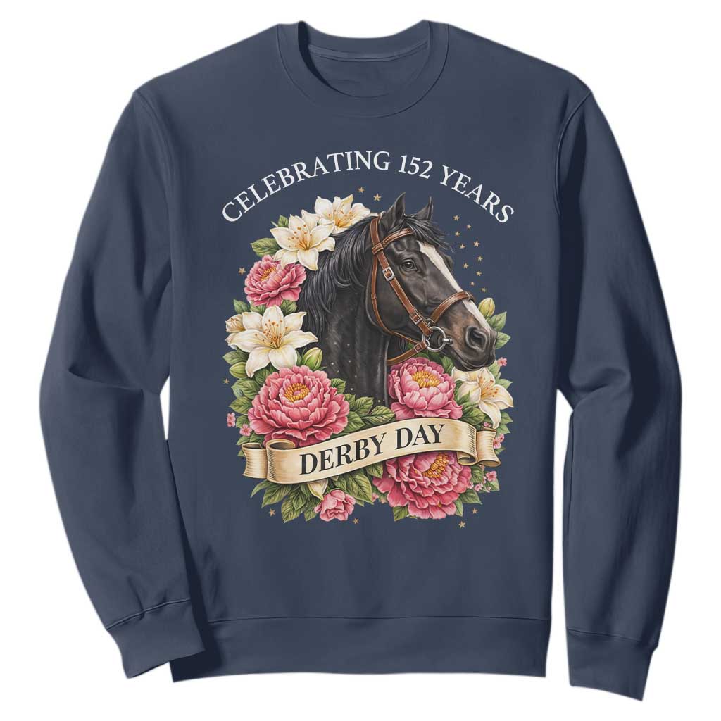 Celebrating 152 Years Derby Day Floral Sweatshirt Horse Racing Pink Peony White Lily Equestrian 152nd Anniversary TS02 Navy Print Your Wear