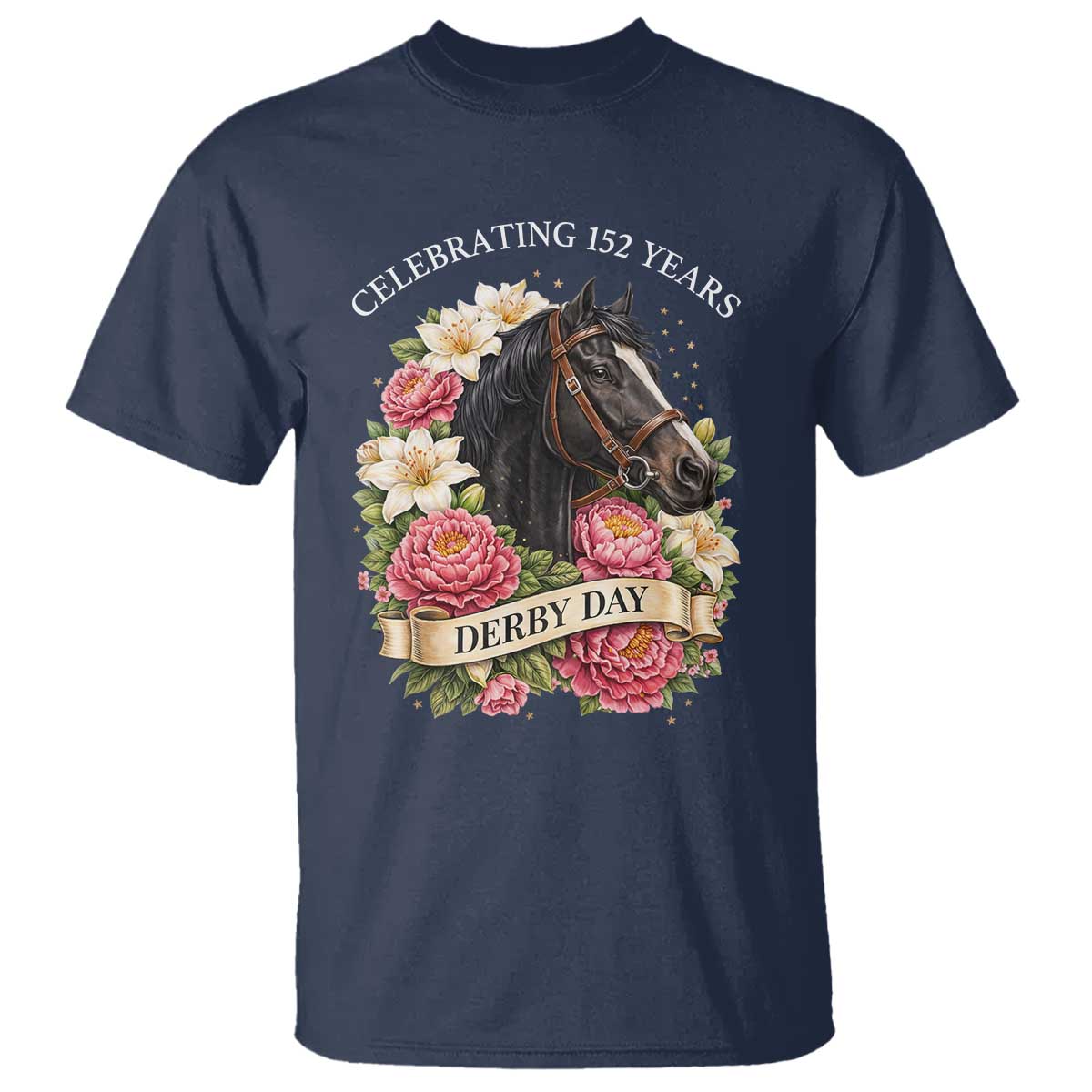 Celebrating 152 Years Derby Day Floral T Shirt Horse Racing Pink Peony White Lily Equestrian 152nd Anniversary TS02 Navy Print Your Wear
