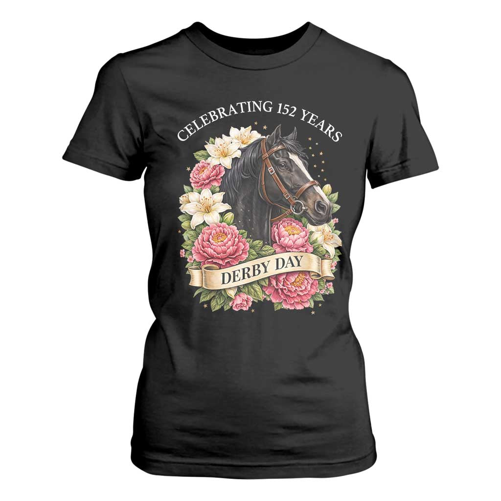 Celebrating 152 Years Derby Day Floral T Shirt For Women Horse Racing Pink Peony White Lily Equestrian 152nd Anniversary TS02 Black Print Your Wear