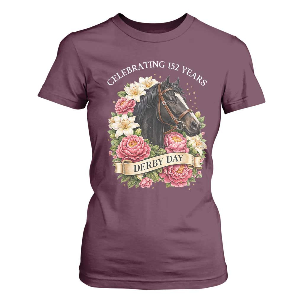 Celebrating 152 Years Derby Day Floral T Shirt For Women Horse Racing Pink Peony White Lily Equestrian 152nd Anniversary TS02 Maroon Print Your Wear