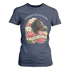 Celebrating 152 Years Derby Day Floral T Shirt For Women Horse Racing Pink Peony White Lily Equestrian 152nd Anniversary TS02 Navy Print Your Wear