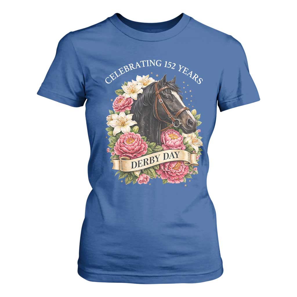 Celebrating 152 Years Derby Day Floral T Shirt For Women Horse Racing Pink Peony White Lily Equestrian 152nd Anniversary TS02 Royal Blue Print Your Wear