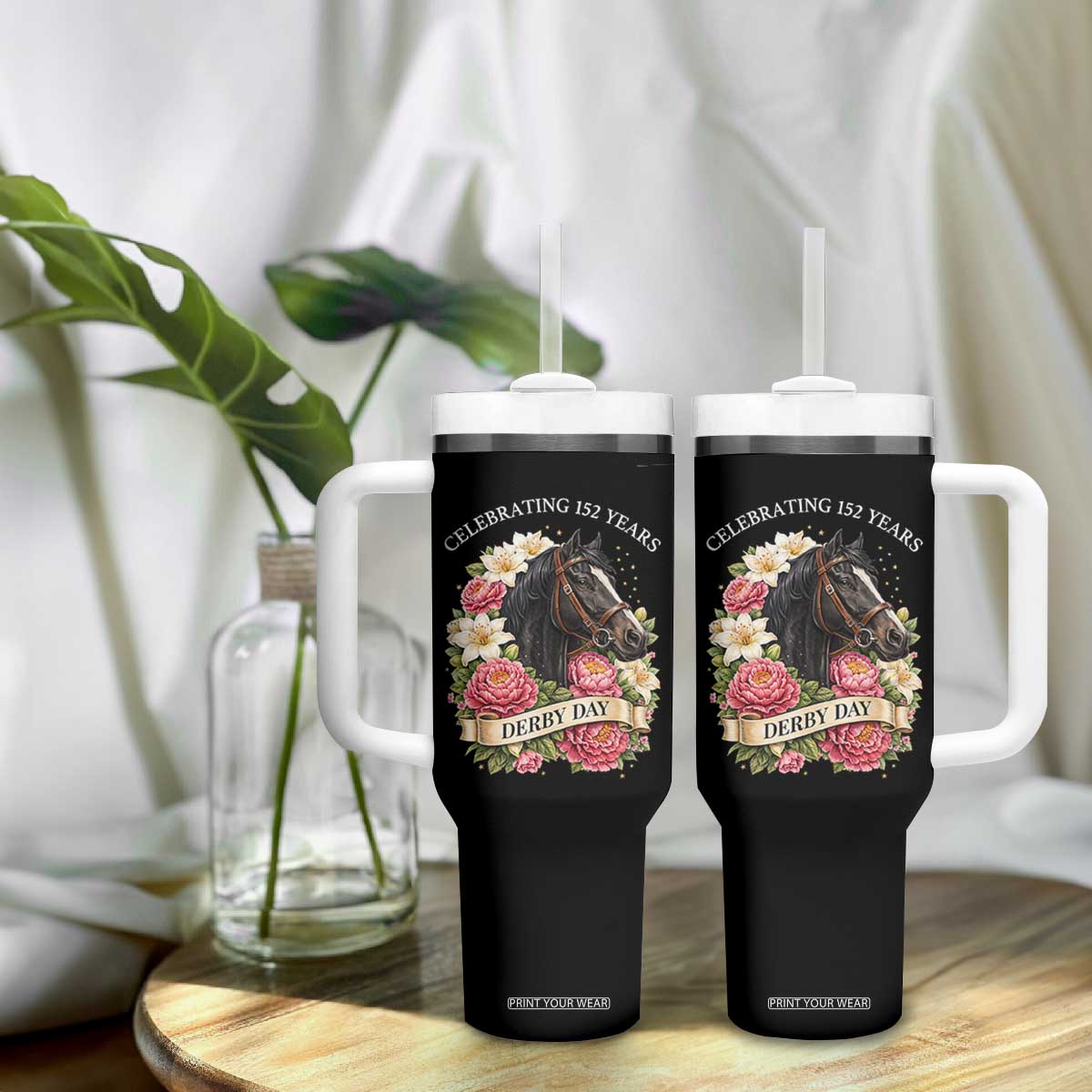 Celebrating 152 Years Derby Day Floral Tumbler With Handle Horse Racing Pink Peony White Lily Equestrian 152nd Anniversary TS02 Print Your Wear