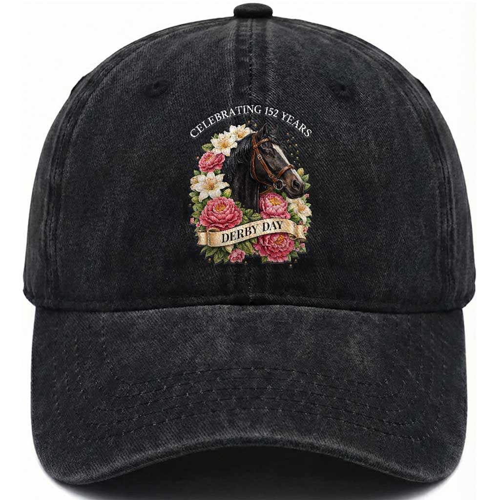 Celebrating 152 Years Derby Day Floral Washed Cotton Baseball Cap Horse Racing Pink Peony White Lily Equestrian 152nd Anniversary TS02 Print Your Wear