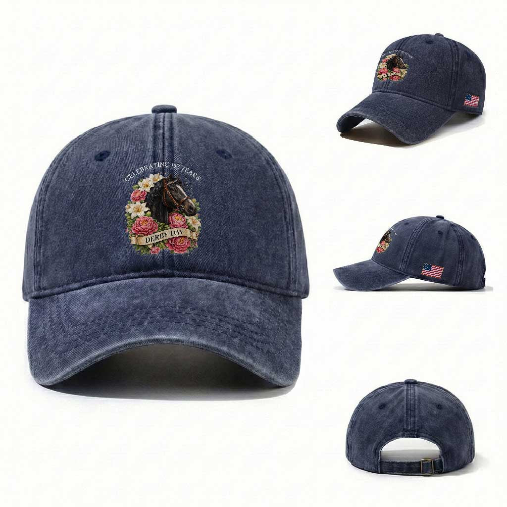 Celebrating 152 Years Derby Day Floral Washed Cotton Baseball Cap Horse Racing Pink Peony White Lily Equestrian 152nd Anniversary TS02 Washed Cap Universal Fit Navy Print Your Wear