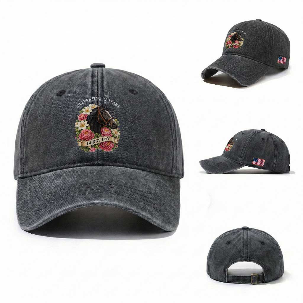 Celebrating 152 Years Derby Day Floral Washed Cotton Baseball Cap Horse Racing Pink Peony White Lily Equestrian 152nd Anniversary TS02 Washed Cap Universal Fit Dark Gray Print Your Wear