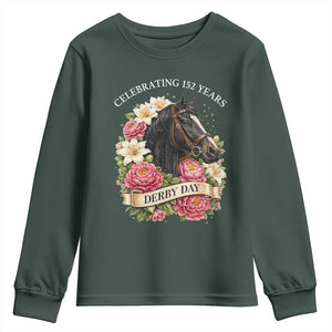 Celebrating 152 Years Derby Day Floral Youth Sweatshirt Horse Racing Pink Peony White Lily Equestrian 152nd Anniversary TS02 Dark Forest Green Print Your Wear