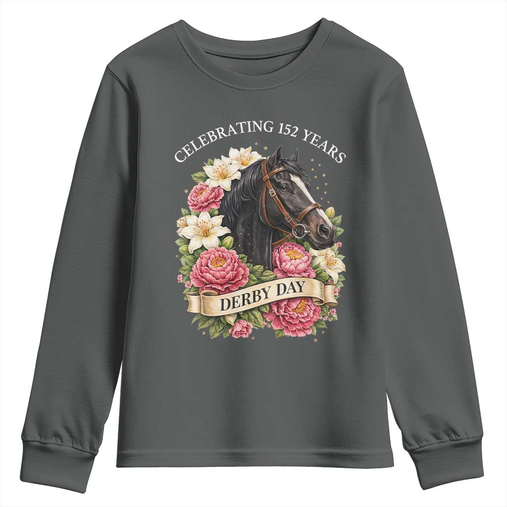 Celebrating 152 Years Derby Day Floral Youth Sweatshirt Horse Racing Pink Peony White Lily Equestrian 152nd Anniversary TS02 Dark Heather Print Your Wear