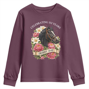 Celebrating 152 Years Derby Day Floral Youth Sweatshirt Horse Racing Pink Peony White Lily Equestrian 152nd Anniversary TS02 Maroon Print Your Wear