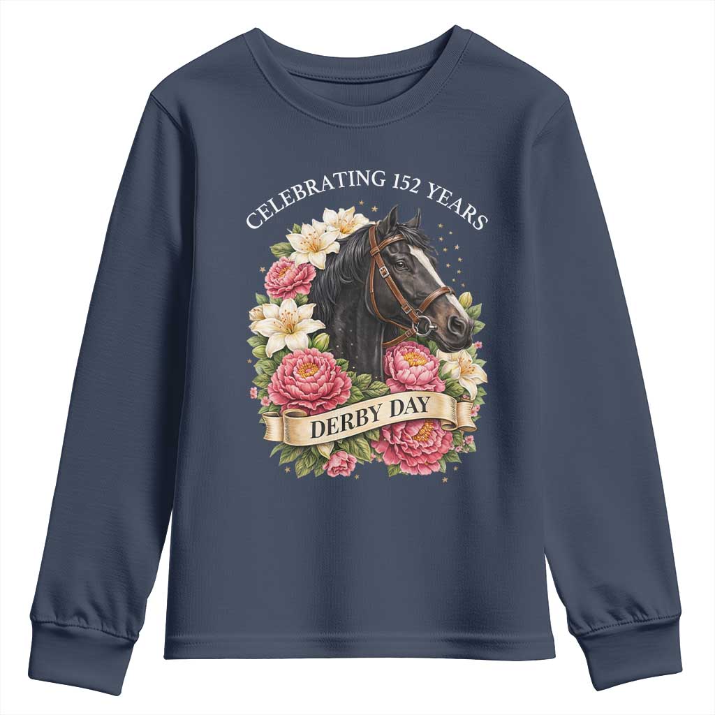 Celebrating 152 Years Derby Day Floral Youth Sweatshirt Horse Racing Pink Peony White Lily Equestrian 152nd Anniversary TS02 Navy Print Your Wear