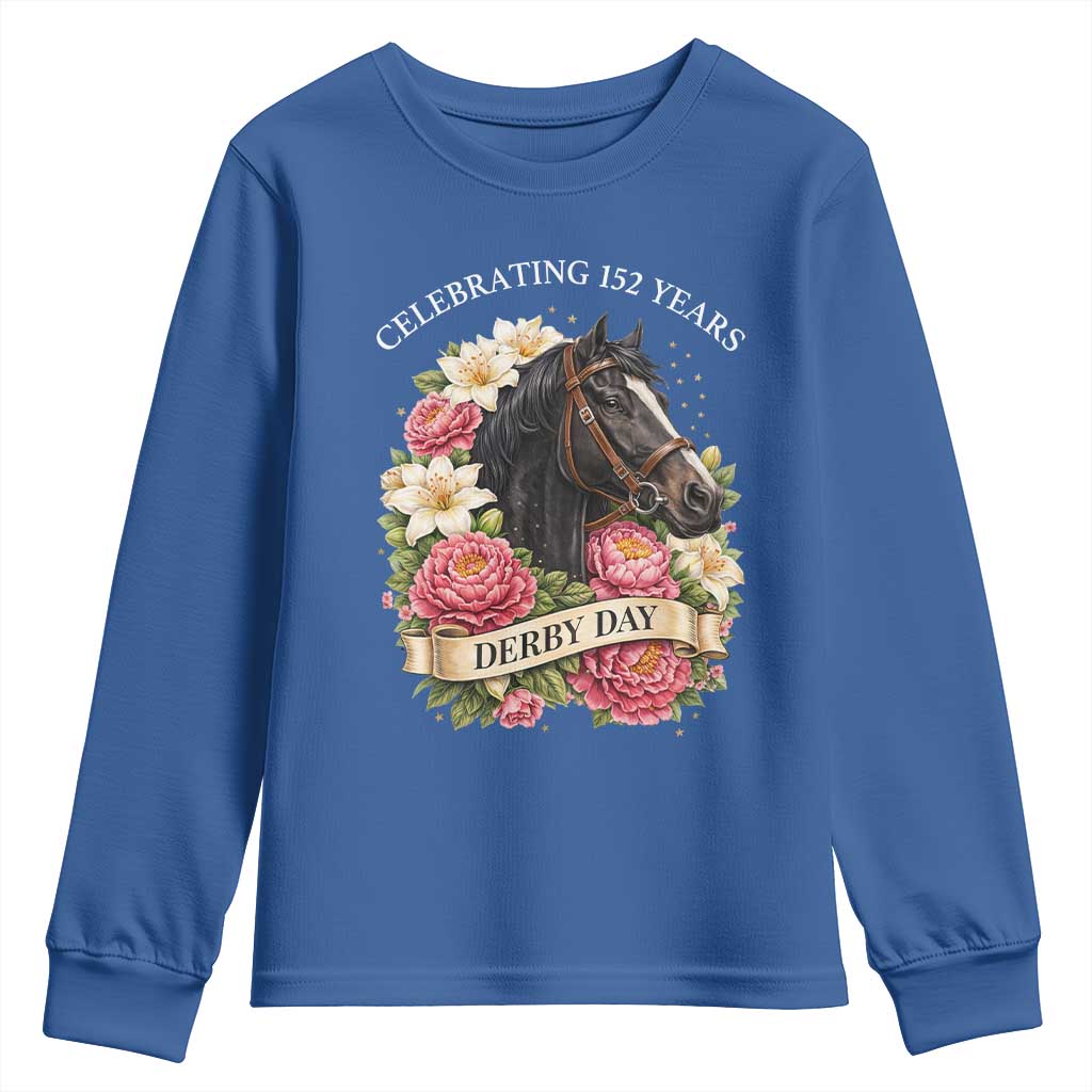 Celebrating 152 Years Derby Day Floral Youth Sweatshirt Horse Racing Pink Peony White Lily Equestrian 152nd Anniversary TS02 Royal Blue Print Your Wear