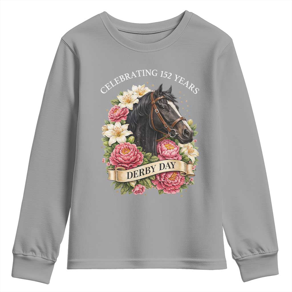 Celebrating 152 Years Derby Day Floral Youth Sweatshirt Horse Racing Pink Peony White Lily Equestrian 152nd Anniversary TS02 Sport Gray Print Your Wear